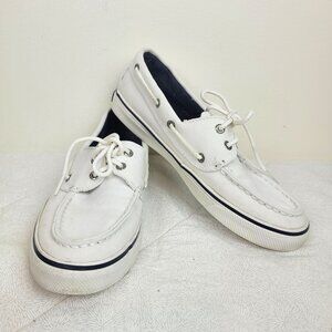 Sperry Top Sider white canvas boat shoes with white laces navy trim nautical 6.5